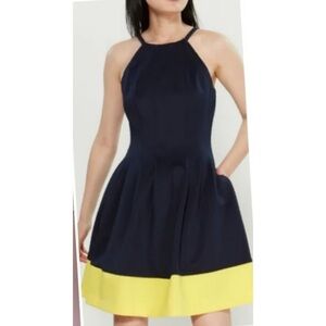Vince Camuto Navy and Yellow halter dress with pockets new size 6